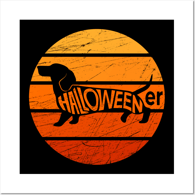 Dachshund Halloween Vintage Retro Sillhouette Distessed Wall Art by Midlife50